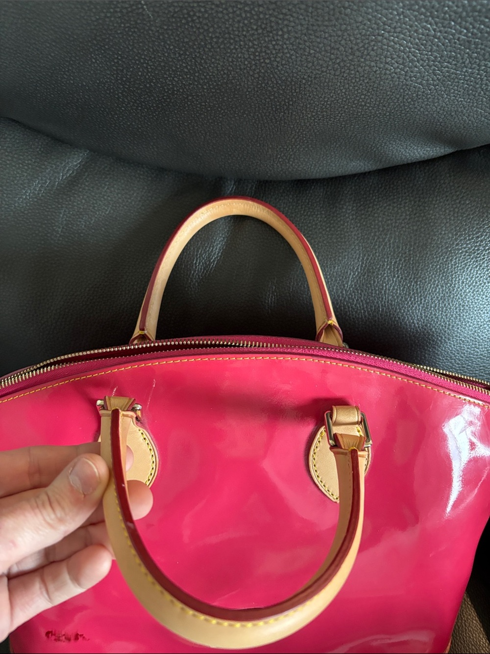 Dooney & Burke Hot Pink Patent Purse With Tan Trim - Picture 4 of 14